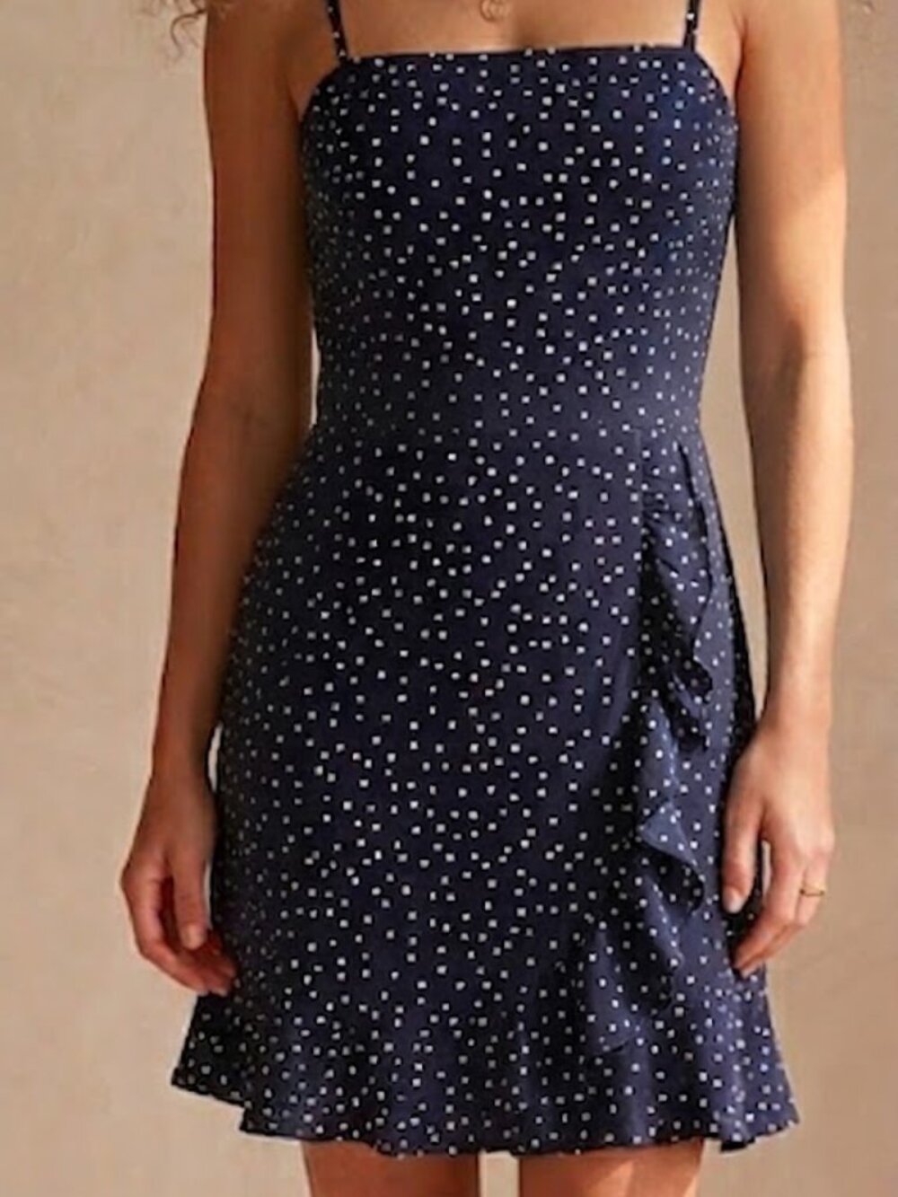 Navy Sundress with polka dots and ruffle details NWOT
